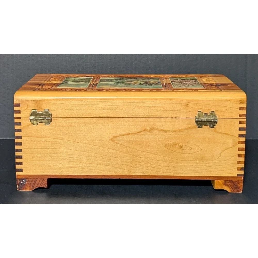 Vintage Hand Carved Cedar Wood Jewelry Keepsake Box Cottage Landscape 11